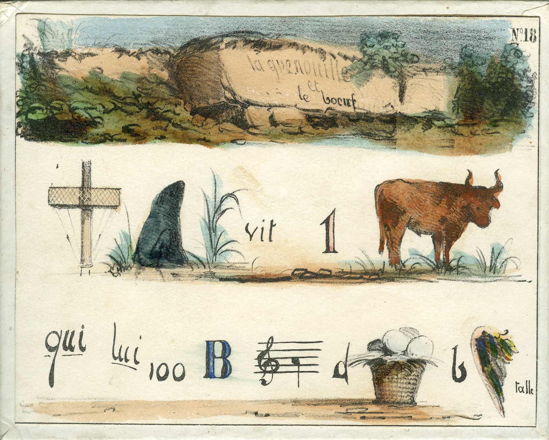 Fables en rébus – La Grenouille et le Bœuf, B.H., XIXe siècle, lithographie sur carton, 79.2.2.18