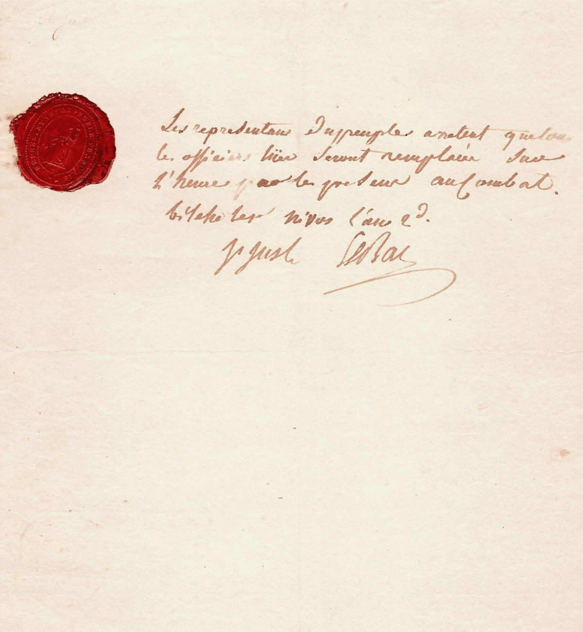 4. Saint-Just, arrêté du 1er nivose an II, 21 décembre 1793, contresigné par Lebas, manuscrit autographe