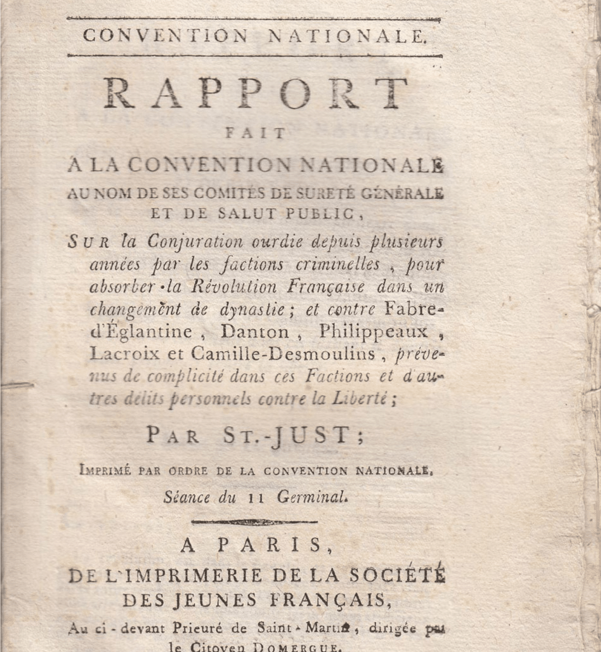 6. Saint-Just, Rapport contre les Dantonistes, 31 mars 1794, édition originale